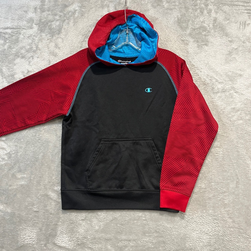 Champion Hoodie Boys Large Black Red Blue Colorblock Raglan Pullover Sweatshirt